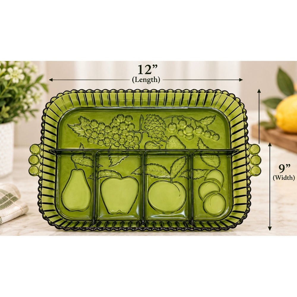 Vintage Indiana Glass Relish Tray Green Fruit Embossed Scalloped Edge MCM 12x9